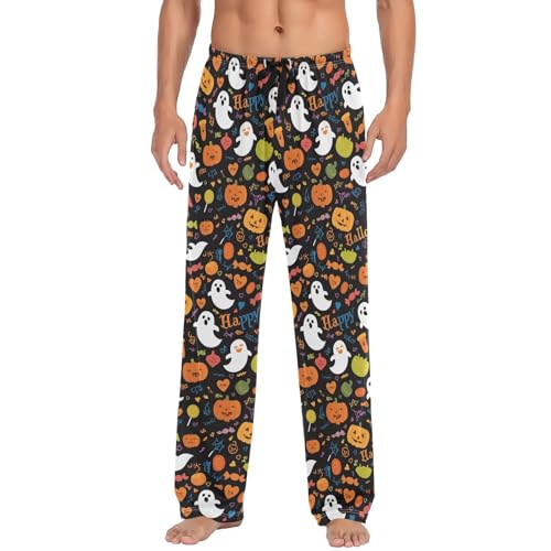 Men’s Halloween Ghost Pumpkin Pajama Pants with Pockets, Comfortable Lounge Sleep Bottoms#447