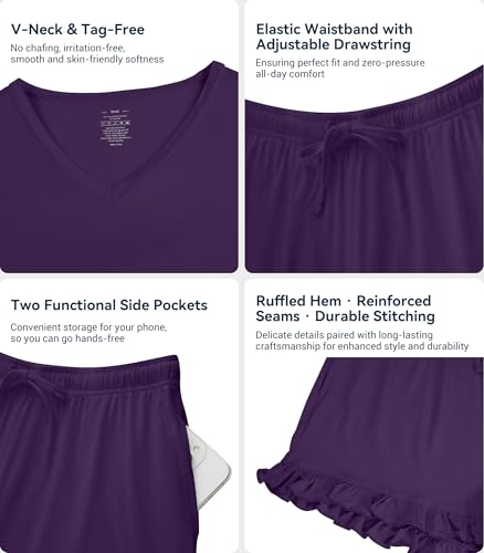 Image of WiWi Womens Pajamas Set Bamboo Viscose Super Soft Short Sleeve Top Ruffle Shorts Sleepwear Cooling Pj Sets S-XXL