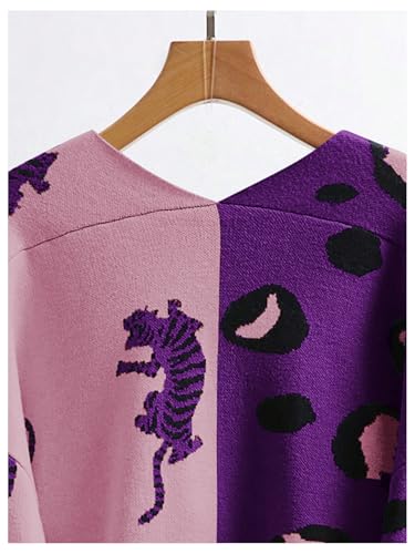 Image of WDIRARA Women's Leopard Tiger Print Cardigan V Neck Long Sleeve Color Block Button Down Sweater Outwear