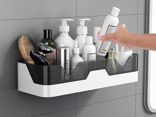 Image of TEKCOOL Wall Mounted Bathroom Shelf Organizer | 2 Tier Plastic Bathroom Rack | No Drill Adhesive Bathroom Accessories for Shampoo, Soap & Toiletries;