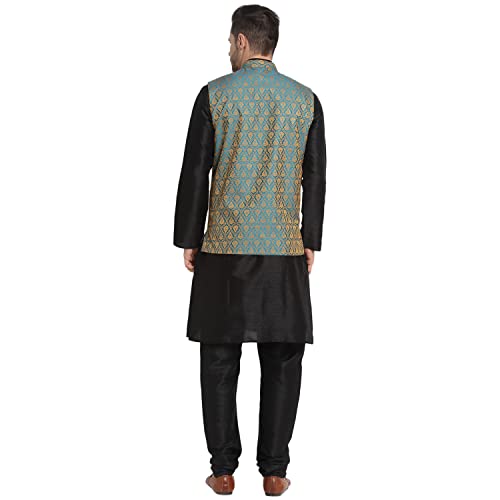 Image of KRAFT INDIA Mens Gold Silk Blend Kurta and Churidar Set With Jacquard Paisley Nehru Jacket