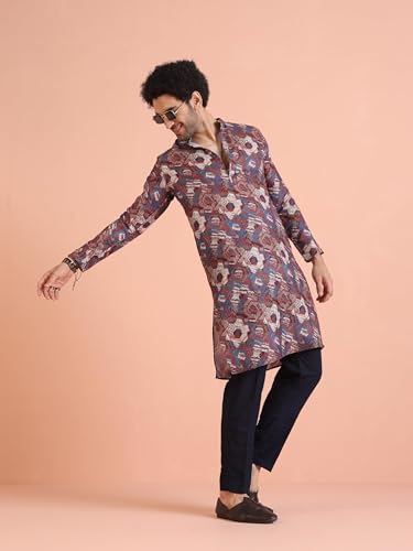 Kisah Men Berry Ethnic Motifs Printed Mandarin Collar Straight Kurta Full Sleaves, Knee Length, Straight, Regular Fit, Mandarin Collar Ethnic Wear