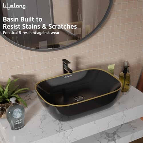 Image of Lifelong Wash Basin for Bathroom - Tabletop Washbasin - Ceramic Glossy Round Countertop Vessel Sink Ideal for Bathroom, Dining Hall & Vanity 33x46x16 cm (Black, LLHIBM05)
