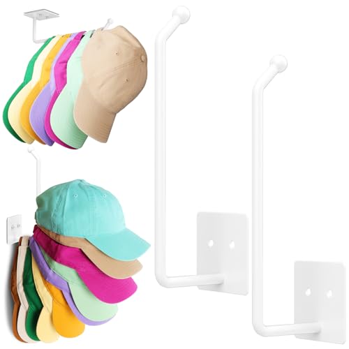 Ginyoyo 8 Inch Hat Rack, Stainless Steel Hat Organizer for Baseball Caps, Hat Hooks for Wall, Adhesive/Drilling Hat Holder Storage Organizer for Wall Closet Door, White, 2 Pack