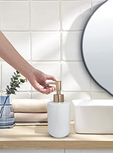 Liquid Soap Dispenser For Bathroom With Gold Pump，Dish Soap Dispenser For Kitchen Sink，Refillable Countertop Lotion Ceramics White Hand Soap Dispenser For Shower 420Ml (Cylindrical White Bottle) #TOP3