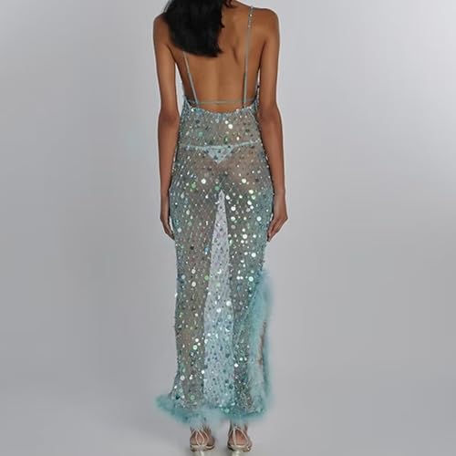 Muineobuka Women Sequin Sheer Mesh Cover Up Dresses See Through Rhinestone Glitter Beach Dresses Bikini Swim Coverups2