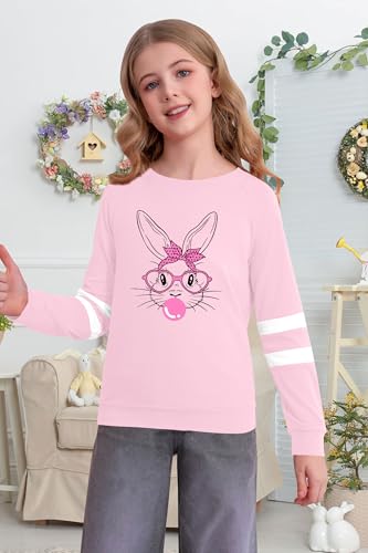 LAZYCHILD Kids Easter Shirt Girls Happy Easter Shirts Rabbit Graphic Long Sleeve Striped Tee Tops 5-14 Years4