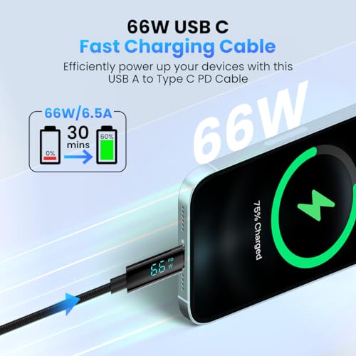 Image of Portronics Konnect View 66W Type C Cable with LED Display 6.5A Output, Nylon Braided, Fast Data Sync, 1.2M Length, Tangle Resistant(Black)