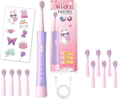 JTF Kids Electric Toothbrush with 10 Soft Brush Heads, Fun DIY Stickers, 5 Gentle Modes and Smart Timer, Safe & Effective for Sensitive Teeth, Children Sonic Toothbrush for Home & School, Ages 3+