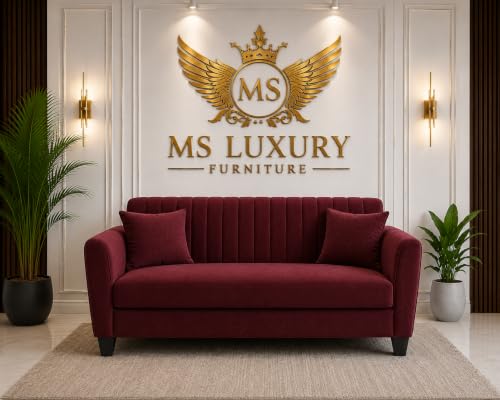 Image of MS Luxury FURNITRE Premium Luster 3-1-1 Sofa Set | 3 Seater | 5 Seater | Velvet Suede Fabric | 7 Colours with Sollid fibare Legs & 4 Cushion Free. (Maroon, 3 Seater)