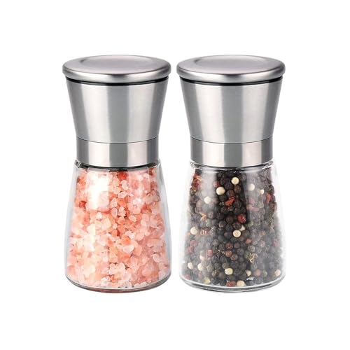 Salt and Pepper Grinder Set – Adjustable Coarseness Manual Mills with Ceramic Core – Refillable Glass & Stainless Steel Pepper and Salt Grinders [No Spices Included]