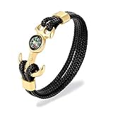 RJGOPL New Punk Multilayer Braid Leder Anker Charm Armband Herren Cast Edelstahl Kompass Survival Armband für Jungen 21cm Gold Anker