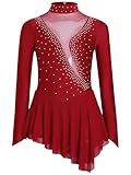 Zaldita Vestido de patinaje artístico para niña de manga larga, vestido de patinaje con strass, vestido de ballet con tutú de gimnasia, ropa de competición de ballet, borgoña, 134-140