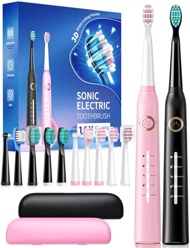Confezione da 2 spazzolini elettrici sonici per adulti con 40000 VPM, 5 modalità, 12 testine, 2 custodie da viaggio, spazzolino ricaricabile, 4 ore di carica minima 30 giorni, nero e rosa