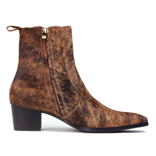OSSTONE Men Chelsea Ankle Boots Leather Pony Hair Chukka Boots with Side Zipper Heel Dress Boots OS-JY021-D-R Wild Brown4