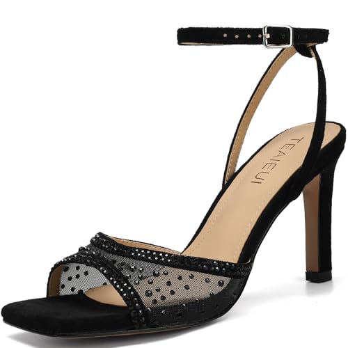 TEAIEUI Black High Heels for Women with Rhinestone 3-Inch Sexy Stiletto Sandals | Square Open Toe Comfort Ankle Strap for Prom Dress Shoes Party Wedding Daily 8.5