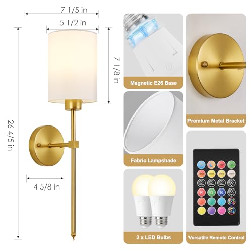 Image of Battery Operated Wall Sconce Set of Two,Wireless Rechargeable Wall Light With Remote Control, Dimmable, 1800K /3000K /4000K /6000K /RGB, Timer, for Living Room, Bedroom, Fireplace, TV, 26.8 Inch, Gold