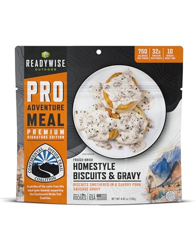 ReadyWise Outdoor Pro Adventure Meal - Homestyle Biscuits and Sausage Gravy 2 Servings 1 Pouch 750 Calories 32g Protein Freeze Dried Food & Dehydrated Camping Meals up to 5 Year Shelf Life