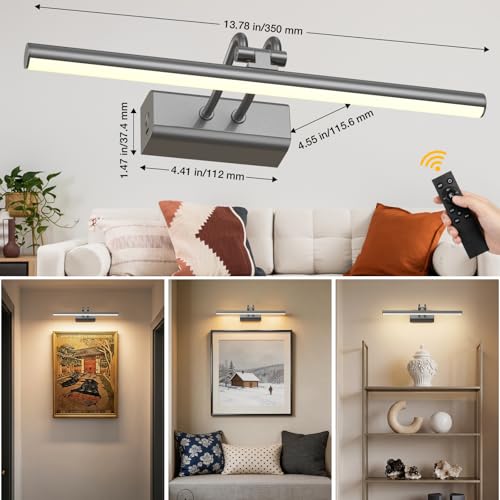 Image of Battery Operated Picture Light for Wall, Grey, 13.8 inch, Remote Control | 4000mAh Cordless,Grey Wall Light, Magnetic for Easy to Charge,Timers, Display for Gallery Living Room Bedroom