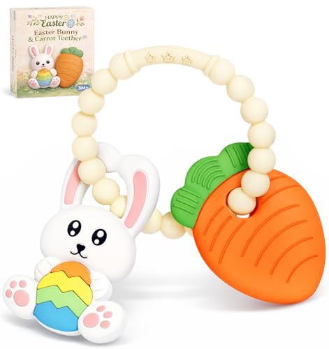 Easter Baby Teething Ring Toys – Bunny Easter Egg & Carrot Teethers for Newborns, Infants & Toddlers – Sensory Chew Bracelet for Teething Relief – Perfect Baby’s First Easter Basket Stuffers