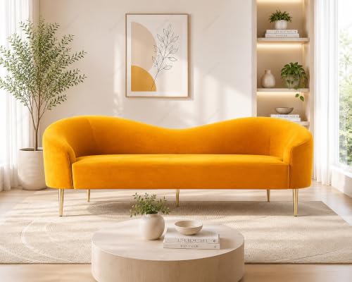 Image of Rosewood Luxury Curved Sofa in Premium Velvet-Fabric | Solid Wood Structure | High Density Foam | Sturdy Golden Legs | Comfortable & Stylish Couch for Living Room (Mustard Yellow, 3 Seater)