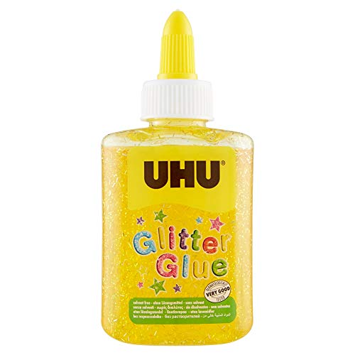 UHU Glitter Glue - Idéale loisir créatif, formule adaptée pour les enfants, lavable, jaune, bouteille de 88,5ml