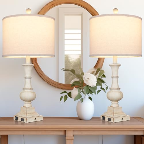 Lolikit 26 Inch Farmhouse Table Lamps, Table Lamps For Living Room Set Of 2 With Usb A+C Ports & Ac Outlet, Vintage Rustic Touch Control 3-Way Dimmable Boho Nightstand Lamp White Washed Resin For Bedroom Deocr thumb #1