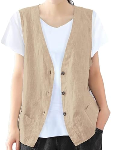 IDEALSANXUN Cotton Linen Vests for Women Fashion Dressy Casual Sleeveless Blazers Lightweight Jacket Waistcoat Vest(Khaki, L)