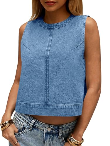 Cicy Bell Womens Denim Tank Tops Crew Neck Summer Casual