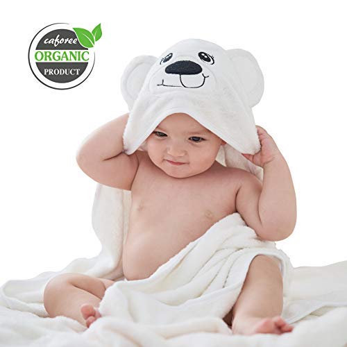 Baby Hooded Towel, Caforee Organic Bamboo Baby Towel Extra Soft Double-Faced Plush Natural High Water Absorption with Lovely Bear Ears for Infants Toddlers Boys and Girls, Baby Bath Towels