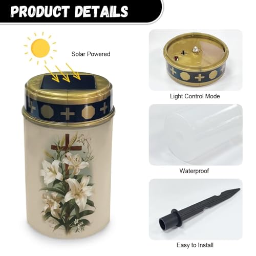 Image of Cross Lily Solar Grave Lights for Cemetery Flameless Solar Powered Light for Prayer Waterproof Outdoor Cemetery Solar Lights for Grave
