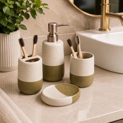 Image of Market99 Ceramic Bathroom Set Matte White and Green with Sophisticated Two-Tone Design, Includes Soap Dispenser, Tumbler, Toothbrush Holder, and Soap Dish for Coordinated Bathroom Style, 350ML