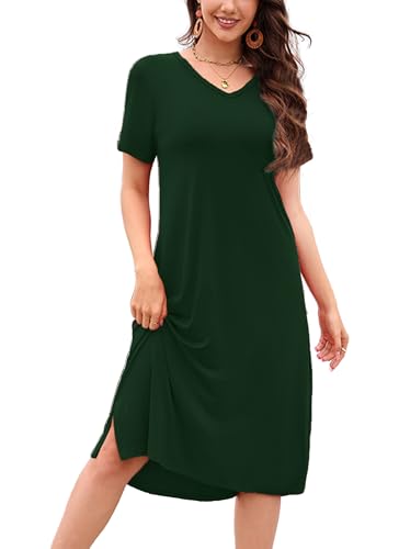 VOBCTY Women's Casual Short Sleeve Tshirt Dress Summer V Neck Loose Knee Length Nightgown for Daily Sleepwear 2026 Dark Green X-Large