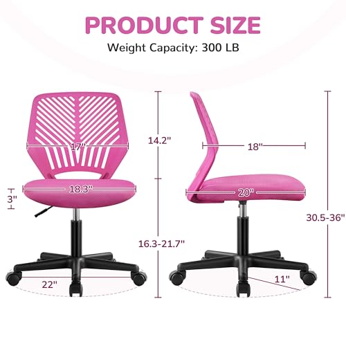 Image of Yaheetech Small Desk Chair, Armless Adjustable Swivel Seat, Rose Red | Padded mesh seat and ventilated resin back, compact armless frame rolls and adjusts for study and small desks, holds 300 lb.