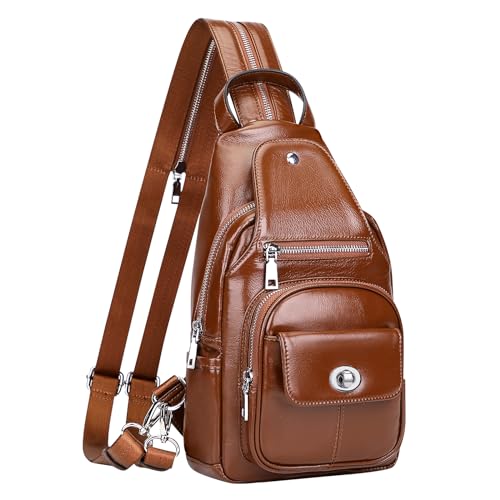 Over Earth Genuine Leather Sling Bag for Women Men Small Causal Crossbody Purse Chest Backpack(O212E Brown)