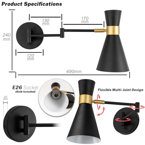 Image of OSYNNIQ Wall Sconce Light with Adjustable Swing Arm for Bedside Reading | Wall Lamp, Modern, Industrial, Lighting Fixture, Black, Hardwired, for Bedroom /Living Room /Indoor, E26 Bulb Included