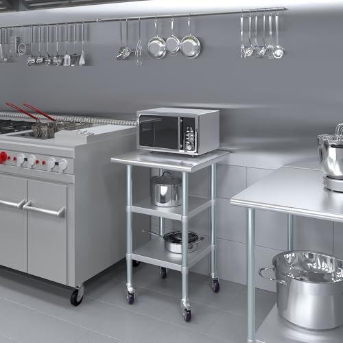 Image of AmGood Stainless Steel Work Table with 2 Shelves and Casters | Metal Utility Table On Wheels (Stainless Steel Work Table with 2 Shelves + Casters, 24 inch Long x 24 inch Deep)