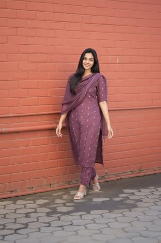 Image of ANNI Designer Women's Purple Printed Kurta Set | Pure Viscose 3 Piece Ethnic Suit Set with Pant & Dupatta | Festive for Women | Cotton Kurta Sets for Woman