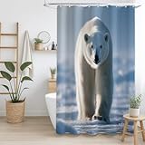 Generisch Duschvorhang 120 x 200 cm, 1er Set, weiche Mikrofaser, wasserdicht & schimmelresistent, waschbar, für Badezimmer & Badewanne, mit Ösen & Haken, Silber, Tiere Bär Schnee
