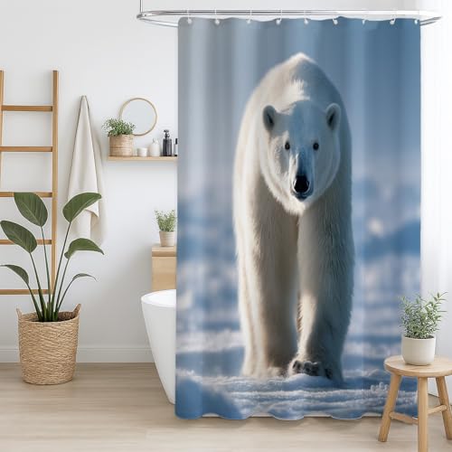 Generisch Duschvorhang 120 x 200 cm, 1er Set, weiche Mikrofaser, wasserdicht & schimmelresistent, waschbar, für Badezimmer & Badewanne, mit Ösen & Haken, Silber, Tiere Bär Schnee