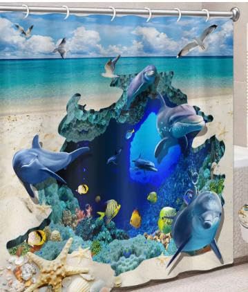 Minicoco 3D Ocean Shower Curtain Waterproof PEVA Bathroom Decor Beach Theme, 180x180cm (72x72) Mildew Resistant Eco-Friendly Bath Curtain for Coastal Home & Spa (Dolphins)