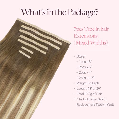 Image of GOO GOO Tape In Weft Hair Extensions Human Hair, 3 /8 /613 Walnut Brown to Ash Brown and Bleach Blonde, 8 inch /6 inch /4 inch /1.5 inch Wide Tape, 18inch 7pcs 110g, Tape Weft Hair Extensions, Seamless Tape in