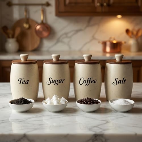 Image of Ceramic Tea Coffee Sugar Salt Containers Set of 4 with Wooden Lids | Jar and Container for Kitchen Storage Set | Multi Utility Air Tight Kitchen Organizer Items (Hand-Painted, 400 ML)