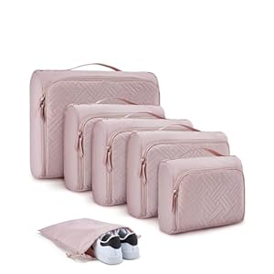 BAGSMART Quilted Packing Cubes for Travel, 6 Set Packing Cubes for Suitcases, Lightweight Travel Cubes (1 L+3 M+1 S+1 Shoe Bag) Suitcases Organizer, Baby Pink