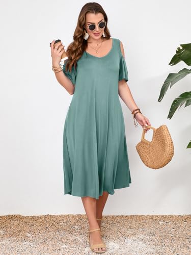 Image of LARACE Plus Size Women Dress for Summer, Midi Women's Sundress, Casual V-Neck Short Sleeve Flowy T-Shirt Dresses with Pockets