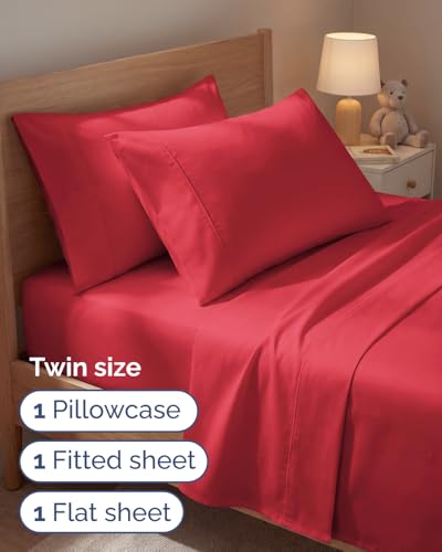 Image of Twin 4 Piece Bed Sheet Set - Comfy, Breathable & Cooling Bed Sheets - Red | Ultra Soft Hotel Luxury Bedding Set with 8-16 Inch Deep Pockets, 1 Flat & 1 Fitted Sheet & 2 Pillowcases, Wrinkle & Fade Free