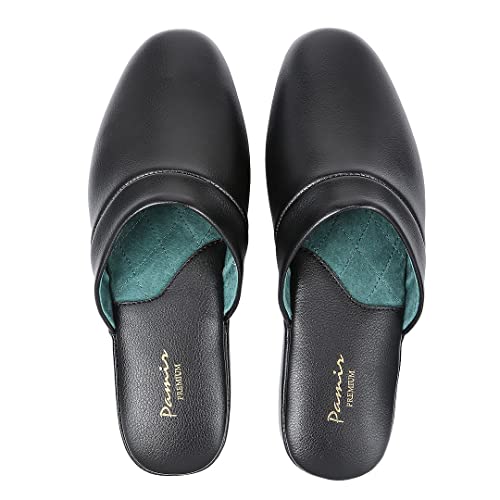 Pamir Men's Genuine Leather Scuff Slippers With Memory Foam Insole And Leather Outsole Size Us 12 Wide Width Black #TOP1