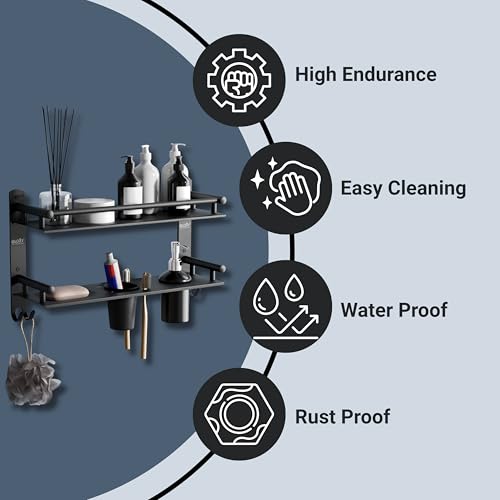 Image of GLOXY Premium Stainless Steel Black Matt Finish 2 Layer Bathroom Shelf Rack with Soap Holder, Liquid Soap Dispenser & Toothpaste Holder - 4 in 1 Washroom Rack for Home, Office, Hotels & Restaurants