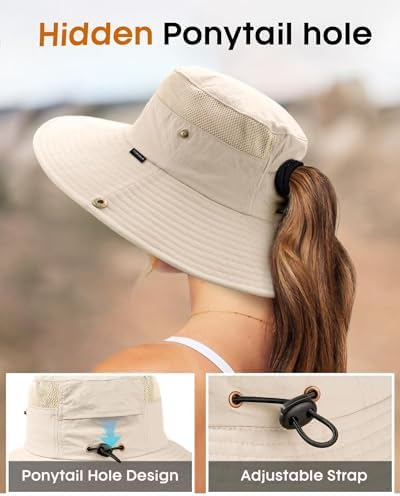 FURTALK Sonnenhüte für Damen Sommer mit Pferdeschwanzloch breite Krempe UV Schutz faltbar Outdoor Fischerhut Safari Hut Strand Wandern