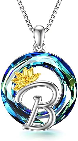 Sunflower Initial Necklace 925 Sterling Silver A-Z 26 Letters Pendant Name Necklace Crystal Alphabet Personalised Jewellery Gifts for Women Teenage Girls